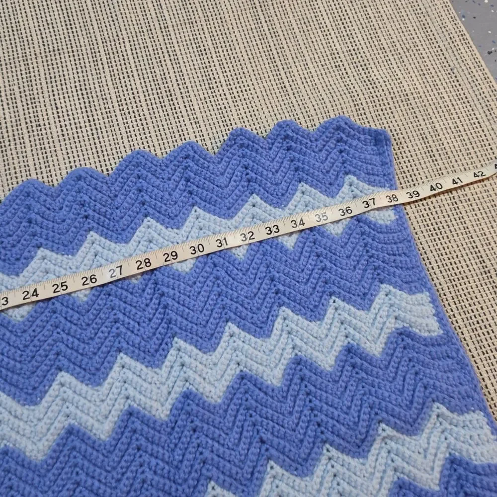 Vintage Wool Crochet Chevron Afghan Blanket 58x38” Blue Indigo Waves Retro Throw